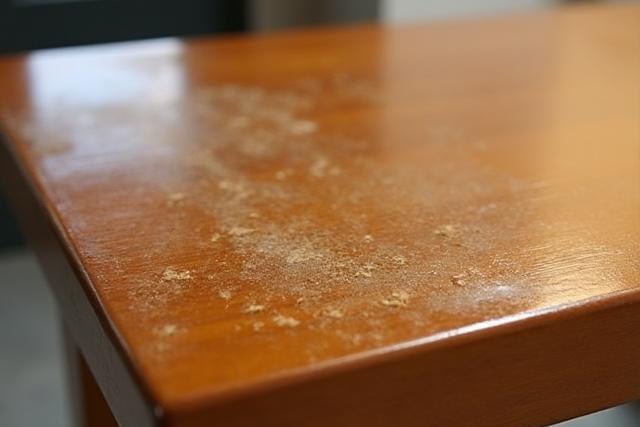 The same dining table before protection, its surface dulled by ingrained dust and stains