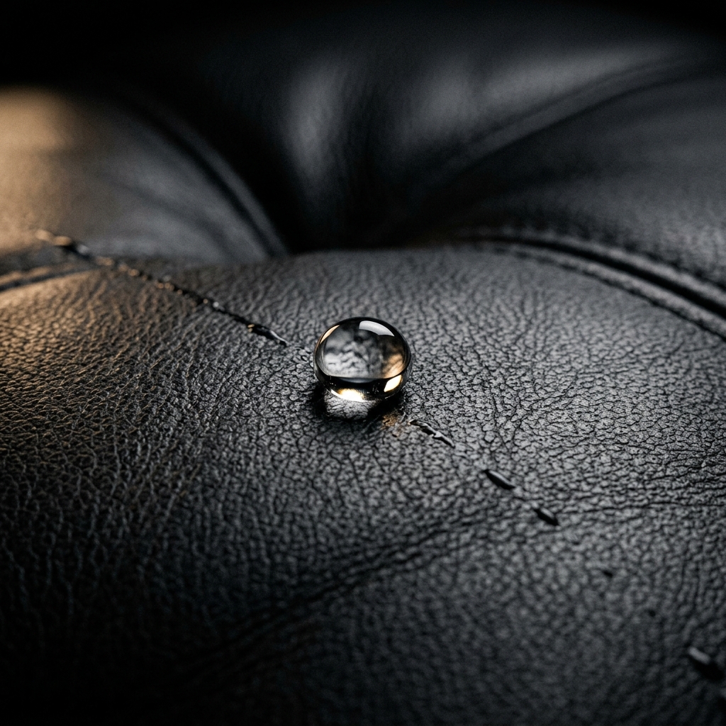 Water beading on a leather surface treated with a protective coating
