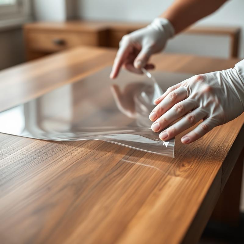 Technician applying home protection film to a furniture panel