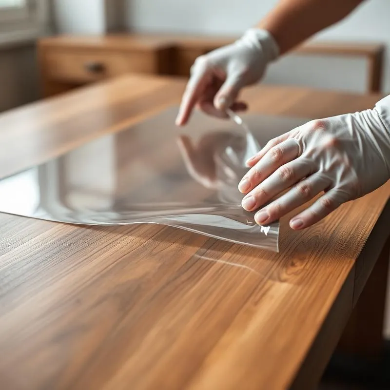 Technician applying home protection film to a furniture panel